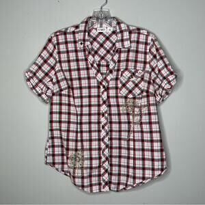 Cato's Embroidered Red & Black Plaid Shirt Medium